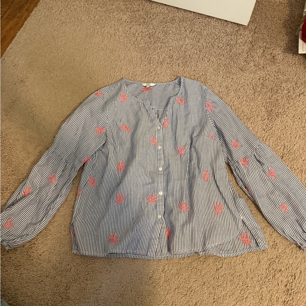 Crown & Ivy Blue and White Striped Top with Pink Embroidery